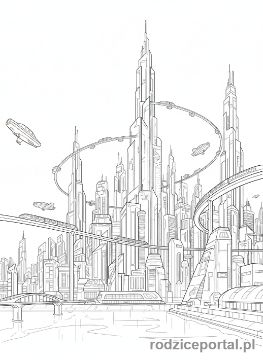 Kolorowanka Miasto Przyszłości - Panorama miasta przyszlosci
