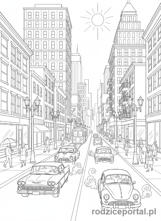 Kolorowanka Miasto - Ruchliwa ulica z samochodami