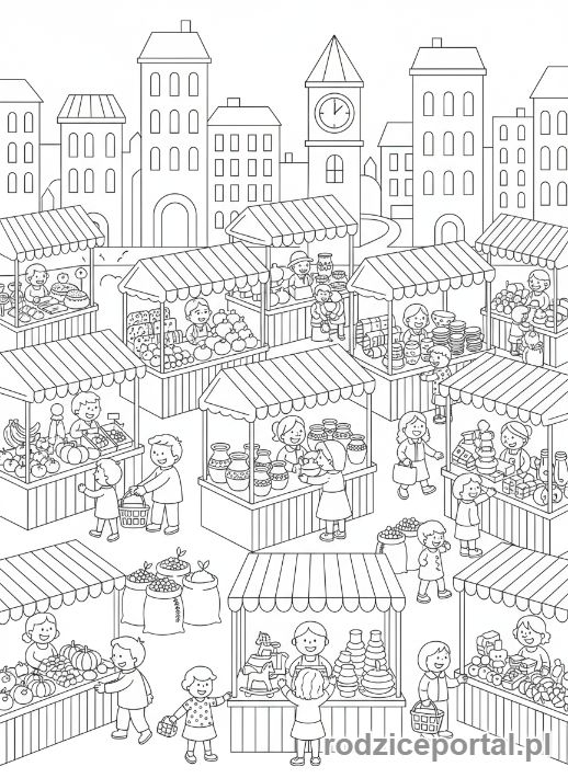 Kolorowanka Miasto - Targ miejski z budkami