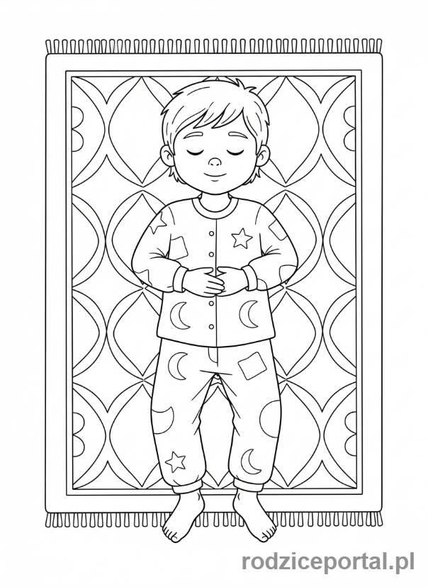 Kolorowanka Mindfulness Dla Dzieci - Dziecko relaksujące się na dywanie