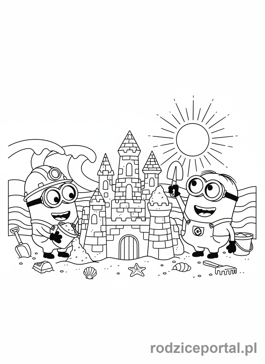 Kolorowanka Minionki - Miniony budujące zamek z piasku
