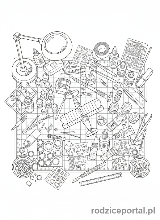 Kolorowanka Modelarz - Biurko modelarza z narzędziami