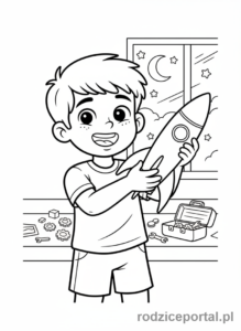 Kolorowanka Modelarz - Chłopak prezentuje model rakiety