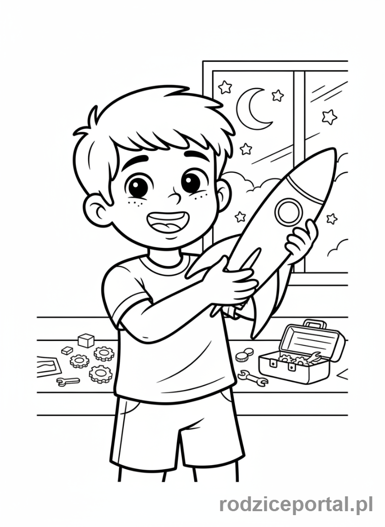 Kolorowanka Modelarz - Chłopak prezentuje model rakiety