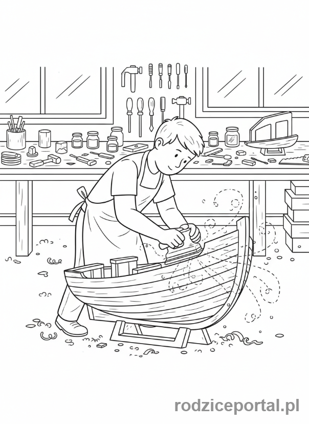 Kolorowanka Modelarz - Modelarz szlifujący kadłub statku
