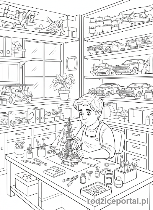 Kolorowanka Modelarz - Modelarz w warsztacie otoczony modelami