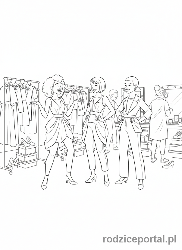 Kolorowanka Modelki - Grupa modelek rozmawiających na zapleczu