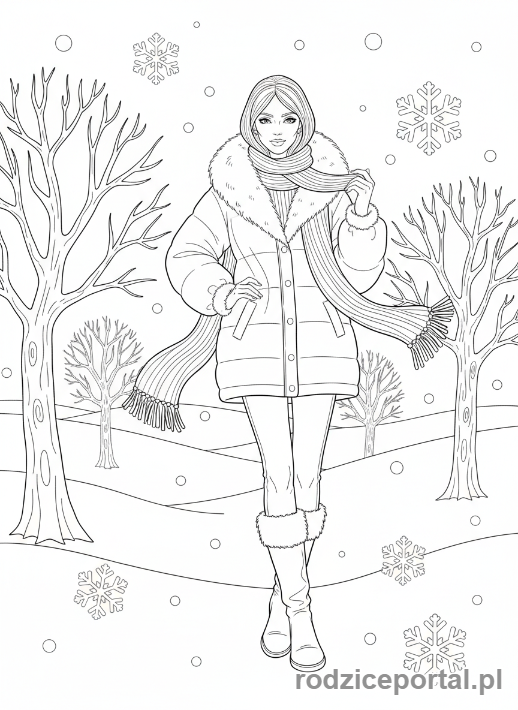 Kolorowanka Modelki - Modelka pozująca w zimowej scenerii