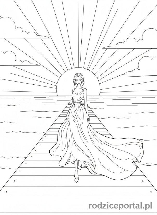 Kolorowanka Modelki - Modelka spacerująca po molo o zachodzie słońca