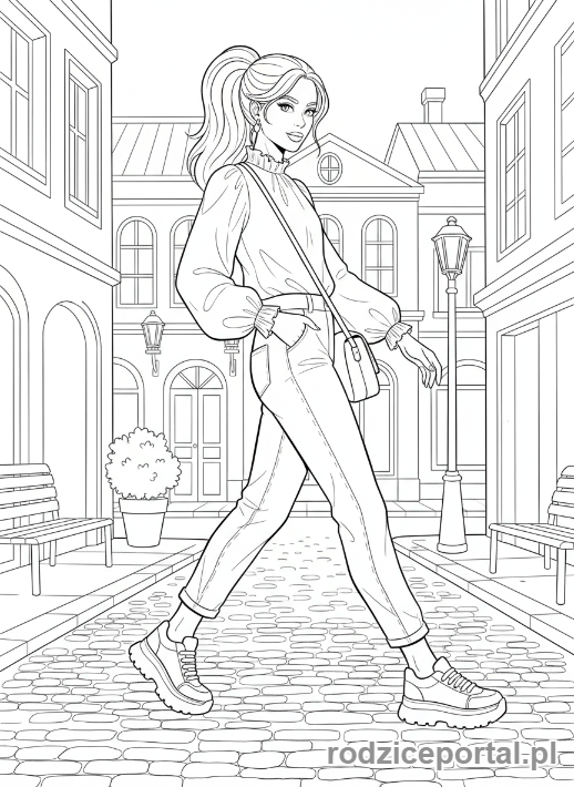 Kolorowanka Modelki - Modelka w casualowym stroju, ujęcie uliczne