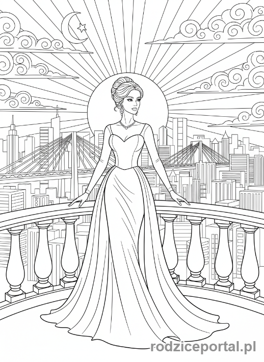 Kolorowanka Modelki - Modelka w stroju wieczorowym na tle miasta