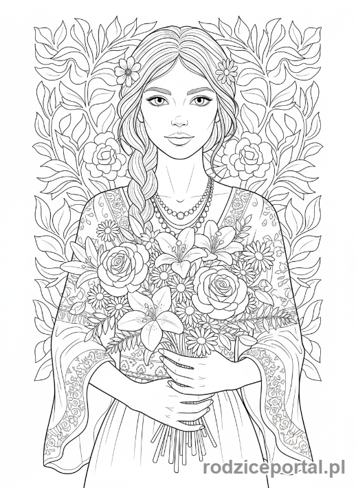 Kolorowanka Modelki - Modelka z bukietem kwiatów, ujęcie biodra w górę