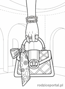 Kolorowanka Modelki - Modelka z torebką i biżuterią, ujęcie detalu