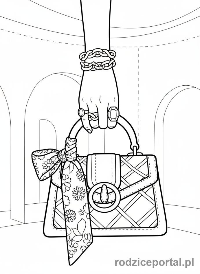 Kolorowanka Modelki - Modelka z torebką i biżuterią, ujęcie detalu