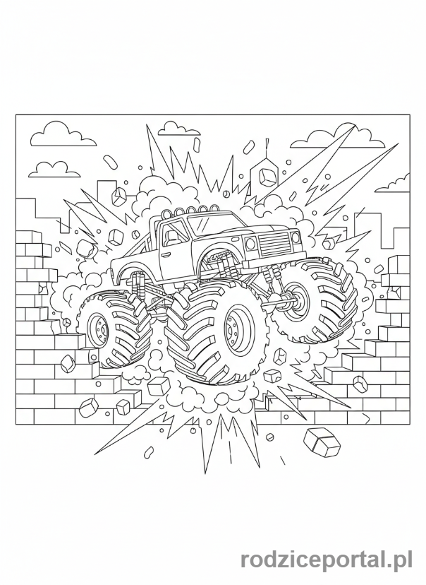 Kolorowanka Monster Truck - Monster Truck przez ścianę