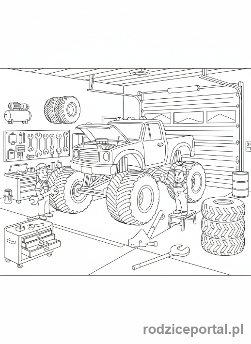Kolorowanka Monster Truck - Monster Truck w warsztacie
