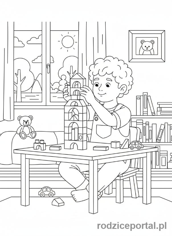 Kolorowanka Motoryka Mała - Dziecko budujące wieżę z małych klocków.