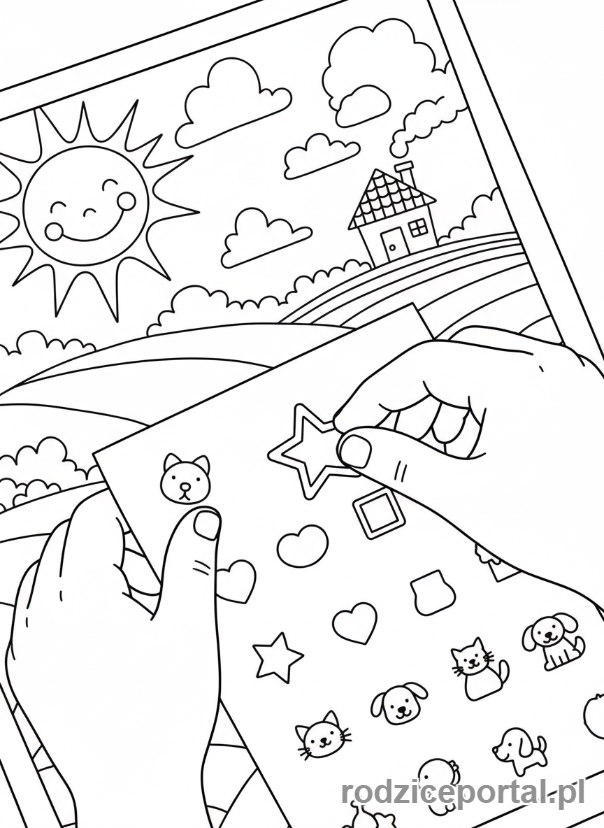 Kolorowanka Motoryka Mała - Dziecko naklejające małe naklejki na kartkę.