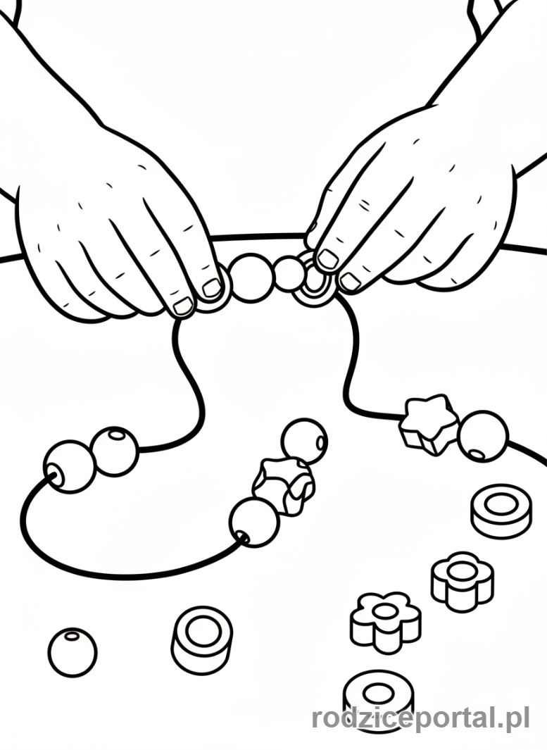 Kolorowanka Motoryka Mała - Dziecko nawlekające koraliki na sznurek.