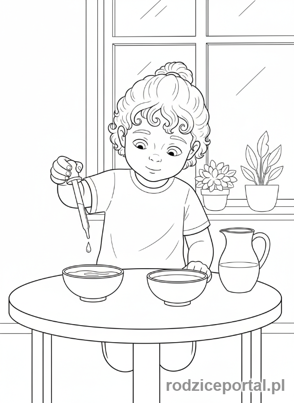 Kolorowanka Motoryka Mała - Dziecko przenoszące wodę pipetą.