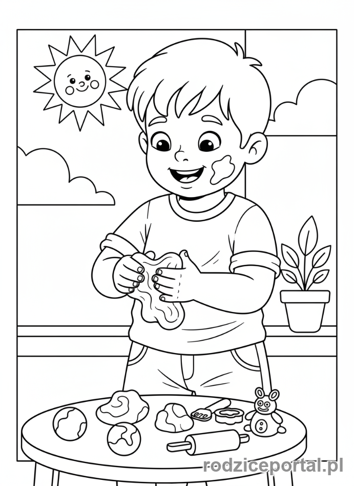 Kolorowanka Motoryka Mała - Dziecko ugniatające i formujące plastelinę.