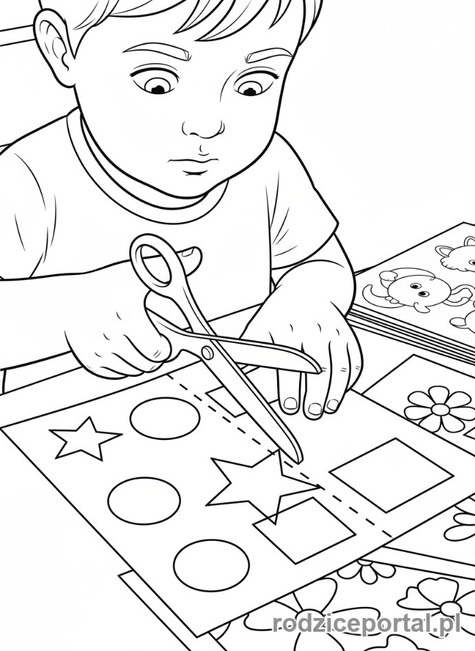 Kolorowanka Motoryka Mała - Dziecko wycinające kształty nożyczkami.
