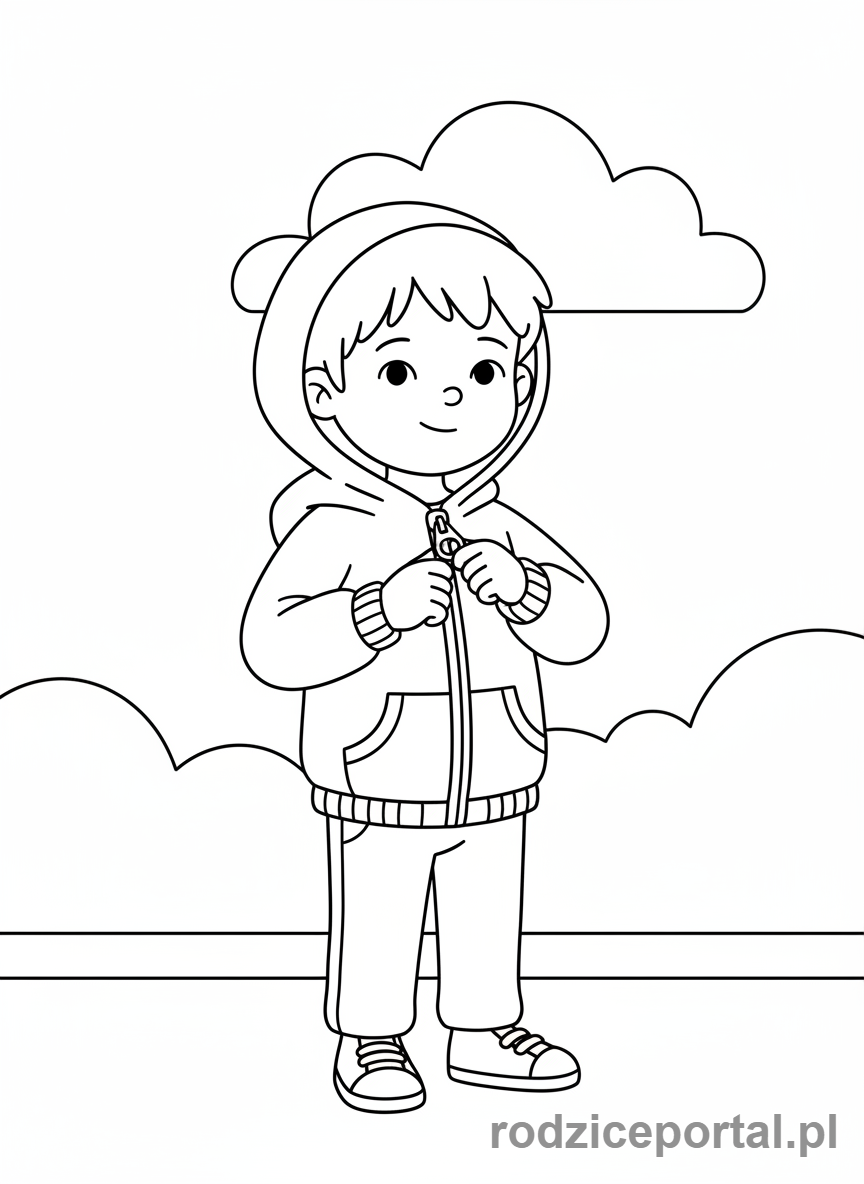 Kolorowanka Motoryka Mała - Dziecko zapinające zamek błyskawiczny w kurtce.