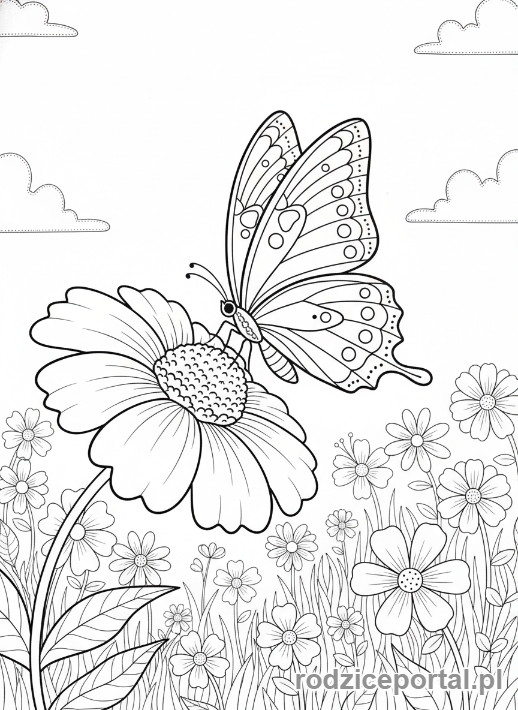 Kolorowanka Motyl - Motyl na kwiecie, łąka