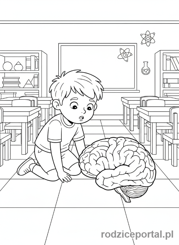 Kolorowanka Mózg - Dziecko z modelem mózgu