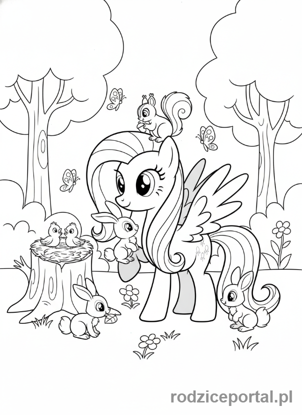 Kolorowanka My Little Pony - Fluttershy opiekuje sie zwierzetami
