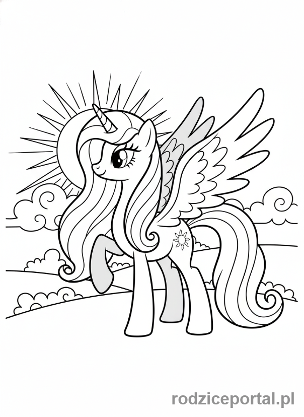 Kolorowanka My Little Pony - Księżniczka Celestia wita slonce