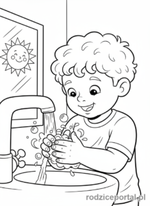 Kolorowanka Mycie Rąk - Chłopiec uczy się mycia rąk