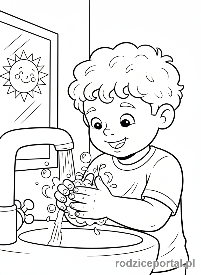 Kolorowanka Mycie Rąk - Chłopiec uczy się mycia rąk