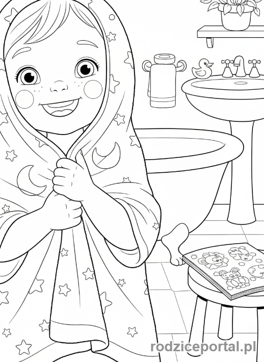 Kolorowanka Mycie Rąk - Dziecko wyciera ręce ręcznikiem