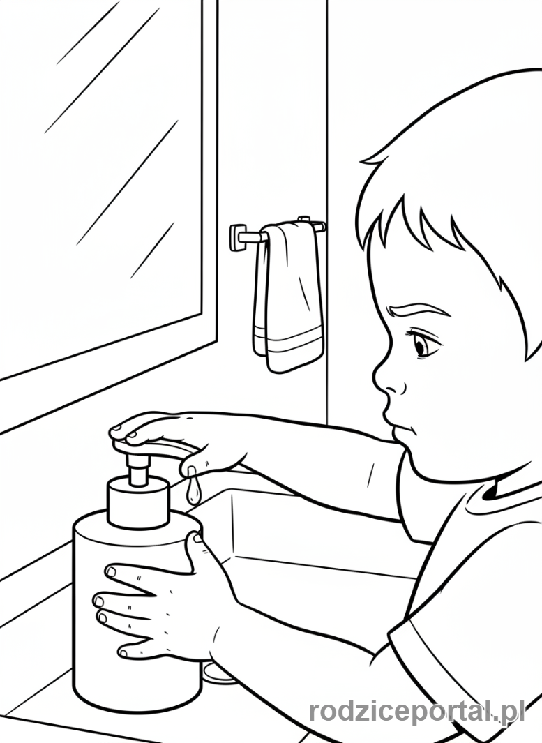 Kolorowanka Mycie Rąk - Dziecko z dozownikiem mydła