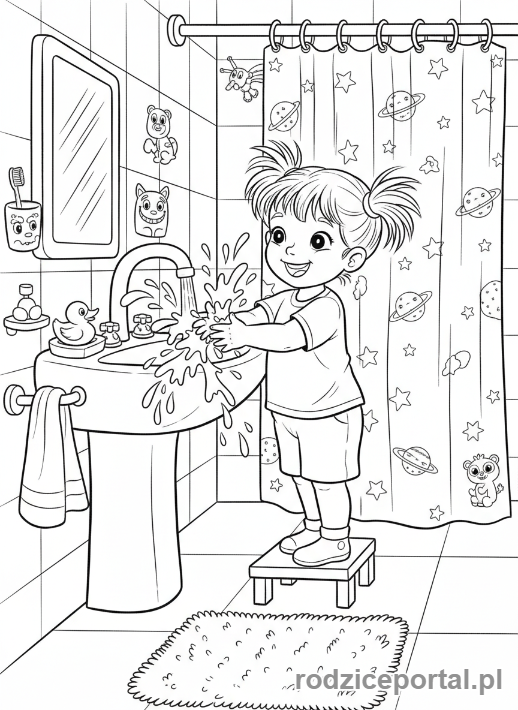 Kolorowanka Mycie Rąk - Dziewczynka w wesołej łazience