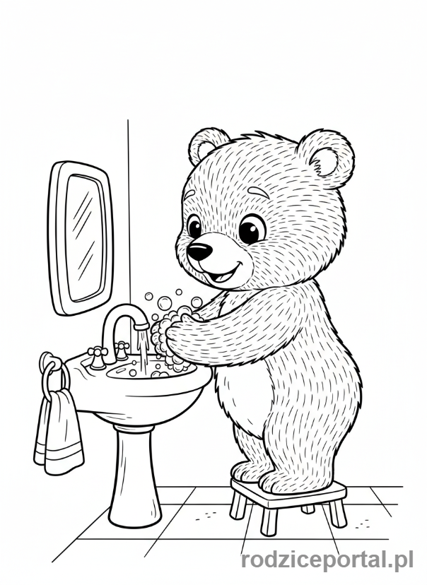 Kolorowanka Mycie Rąk - Miś myje łapki
