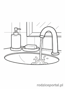 Kolorowanka Mycie Rąk - Mydło i kran w tle
