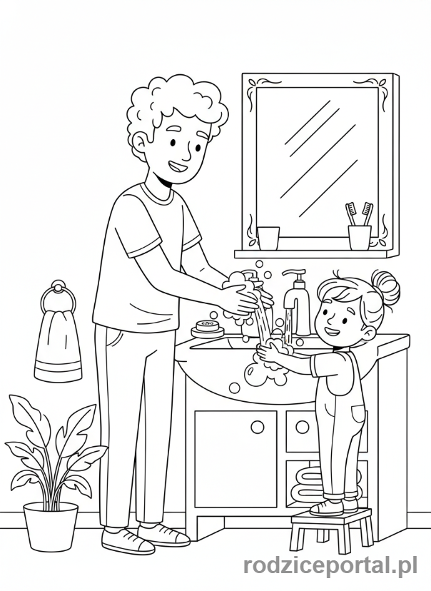 Kolorowanka Mycie Rąk - Rodzina myje ręce razem