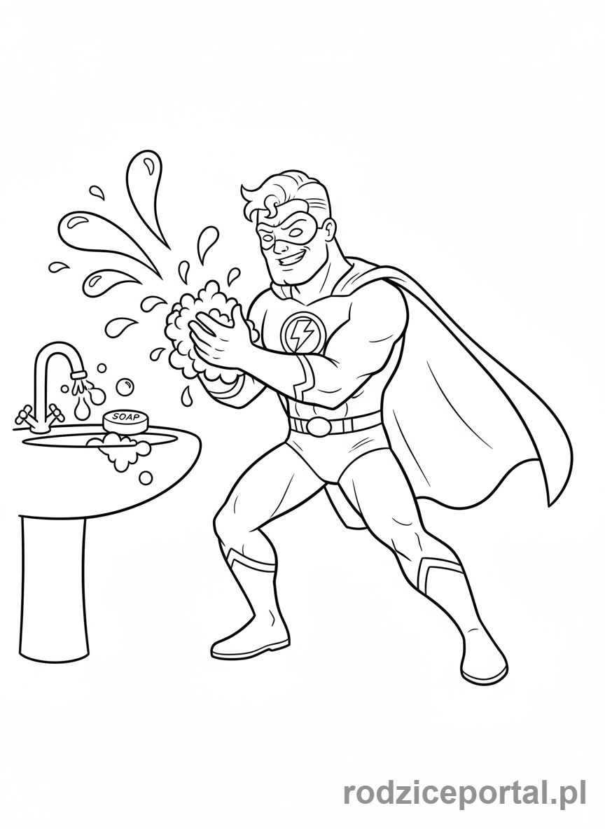 Kolorowanka Mycie Rąk - Superbohater myje ręce