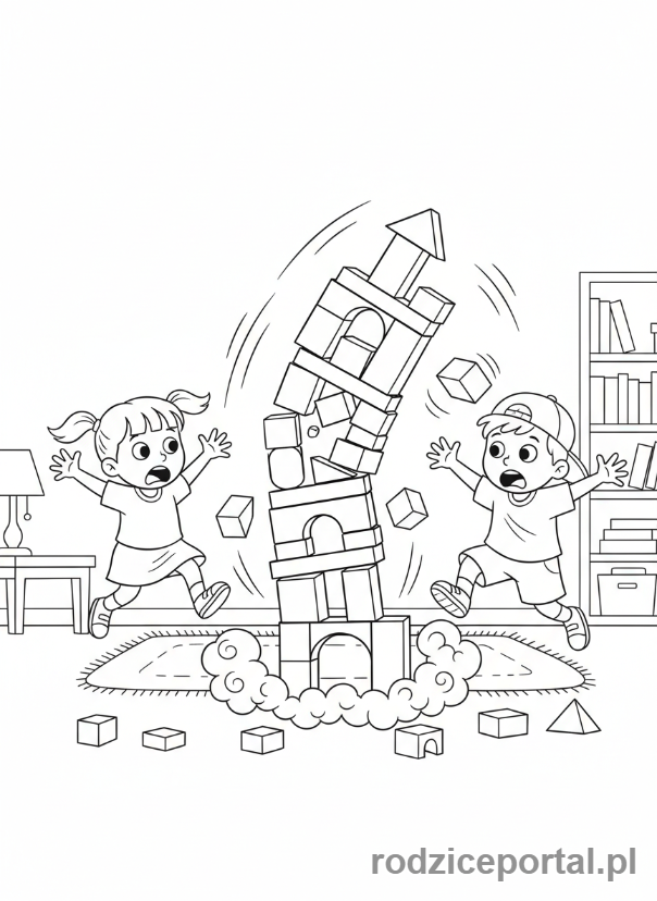 Kolorowanka Myślenie Przyczynowo Skutkowe - Dzieci budują wieżę z klocków, która się przewraca.