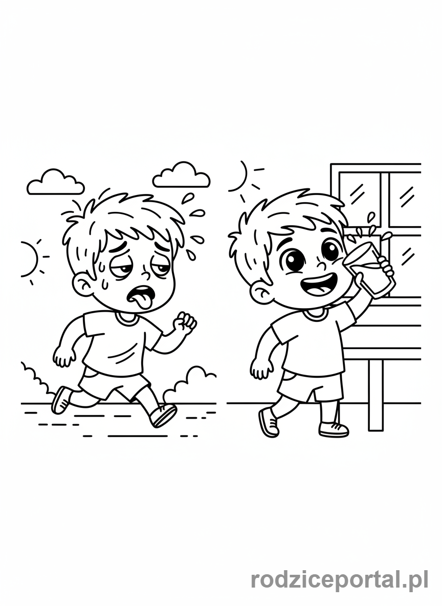 Kolorowanka Myślenie Przyczynowo Skutkowe - Dziecko biega i męczy się, potem pije wodę.