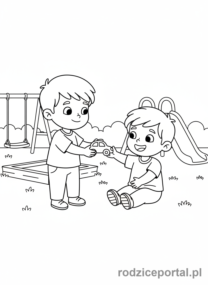 Kolorowanka Myślenie Przyczynowo Skutkowe - Dziecko dzieli się zabawką, przyjaciel się uśmiecha.