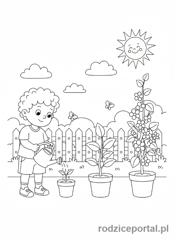 Kolorowanka Myślenie Przyczynowo Skutkowe - Dziecko podlewa sadzonkę, która rośnie.