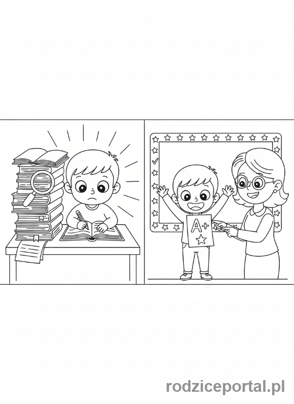 Kolorowanka Myślenie Przyczynowo Skutkowe - Dziecko uczy się, dostaje dobrą ocenę.