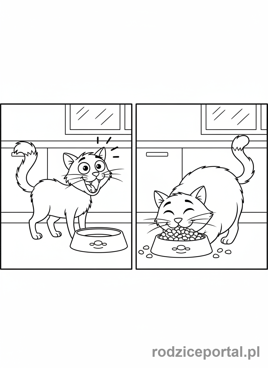 Kolorowanka Myślenie Przyczynowo Skutkowe - Głodny kot prosi o jedzenie, potem je miseczkę.