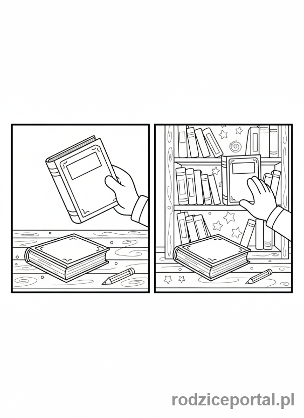Kolorowanka Myślenie Przyczynowo Skutkowe - Książka leży na podłodze, potem jest na półce.