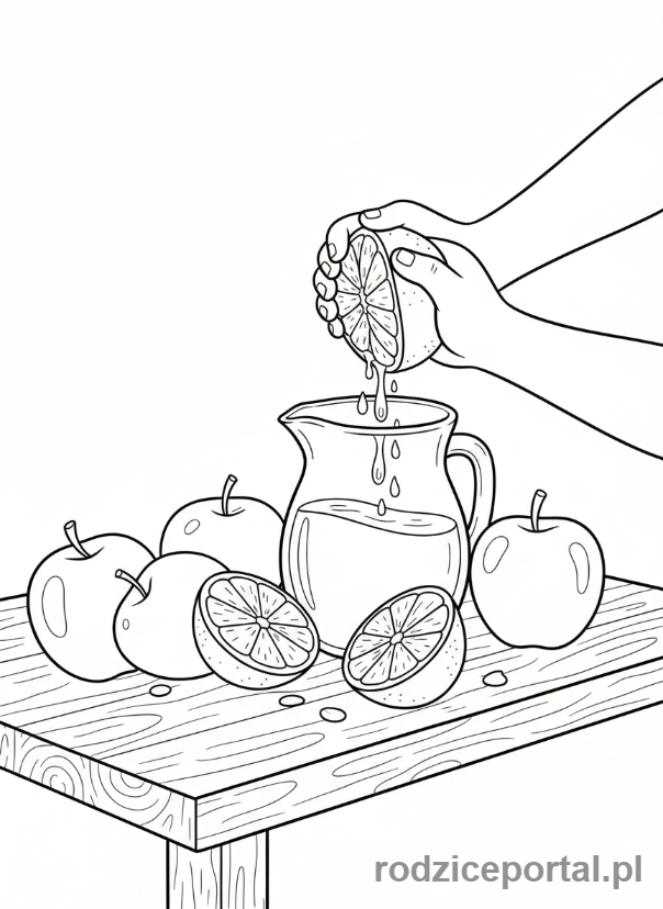 Kolorowanka Myślenie Przyczynowo Skutkowe - Owoce leżą na stole, ktoś robi z nich sok.
