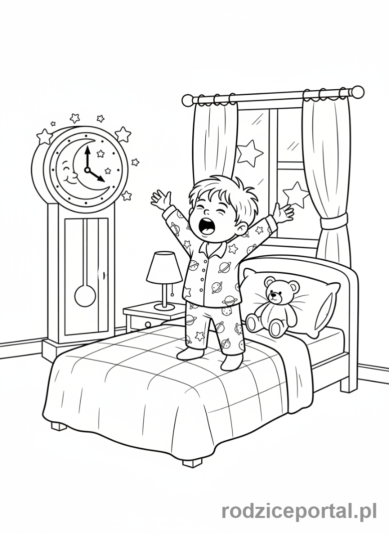 Kolorowanka Myślenie Przyczynowo Skutkowe - Zegar pokazuje późną porę, dziecko idzie spać.