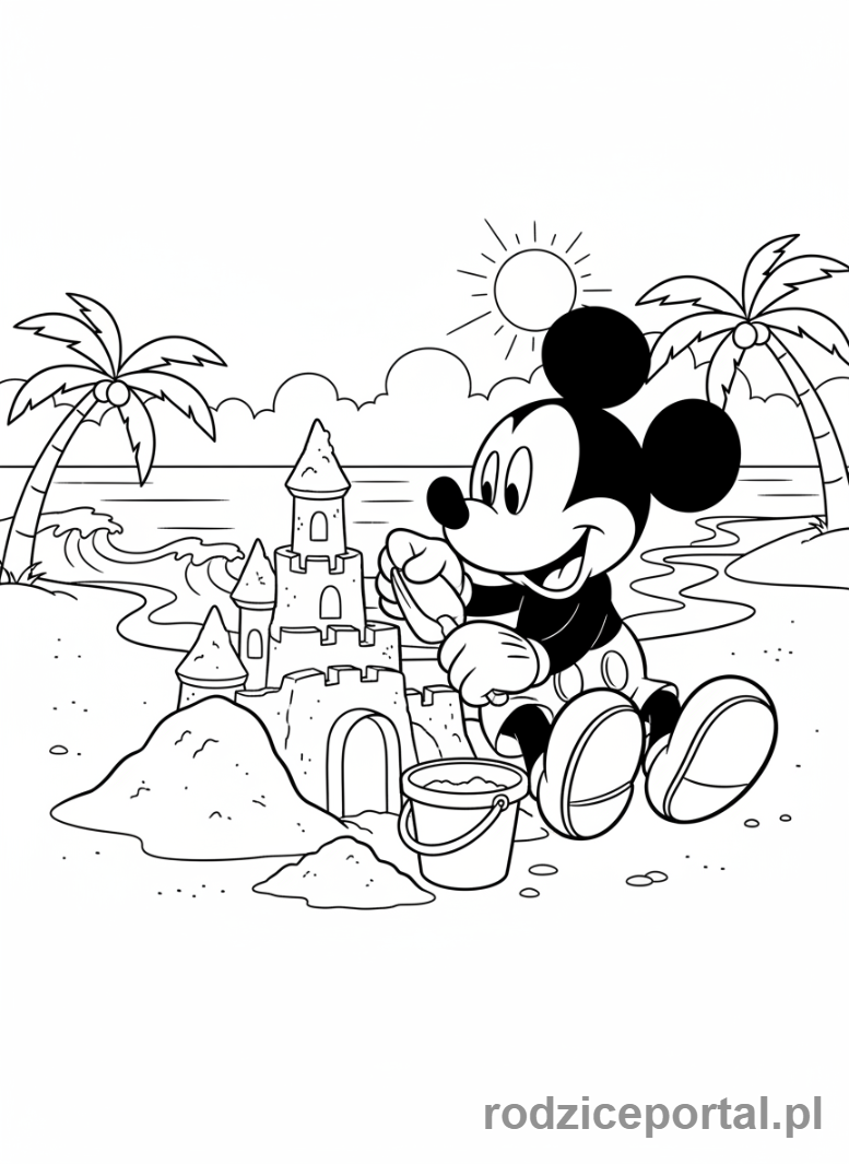 Kolorowanka Myszka Miki - Myszka Miki buduje zamek z piasku
